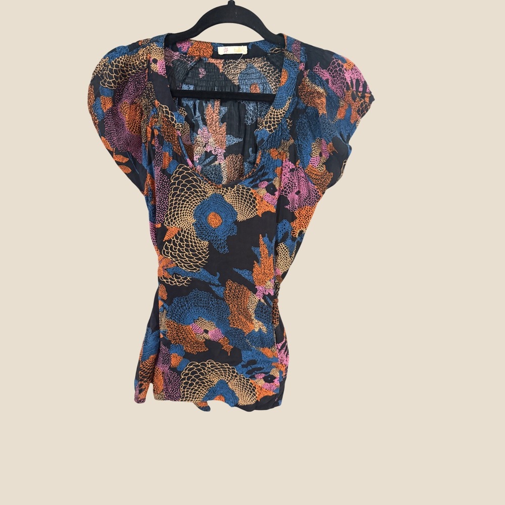 Tulle Y2k Large Abstract Floral Cap Sleeve Blouse Smocked Back Tie Waist Top